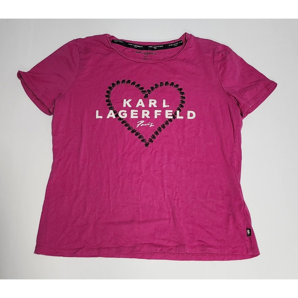 Karl Lagerfeld Paris Womens Pink Heart Graphic Logo T-Shirt Size M